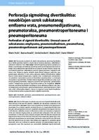 prikaz prve stranice dokumenta Perforacija sigmoidnog divertikulitisa: neuobičajen uzrok subkutanog emfizema vrata, pneumomedijastinuma, pneumotoraksa, pneumoretroperitoneuma i pneumoperitoneuma
